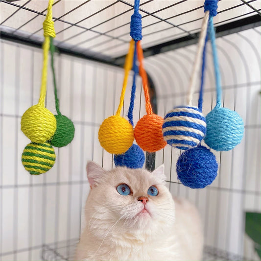 Hanging Cat Toy Self-Hi Colored Hemp Rope Ball Kittens Cat Teaser Suitable for Cat Cage Cat Toy