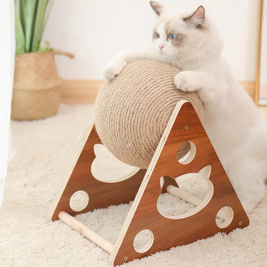 Cat Scratch Board Wooden Cat Grasping Ball Cat Grinding Claw Hand Wrapped Sisal Hemp Rope Cat Climbing Frame Scratching Pole Scratch-Resistant Cat Toy